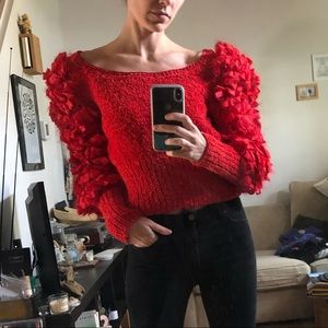 Handmade Vintage Boatneck Embellished Sleeve🍒🍒 Red Sweater